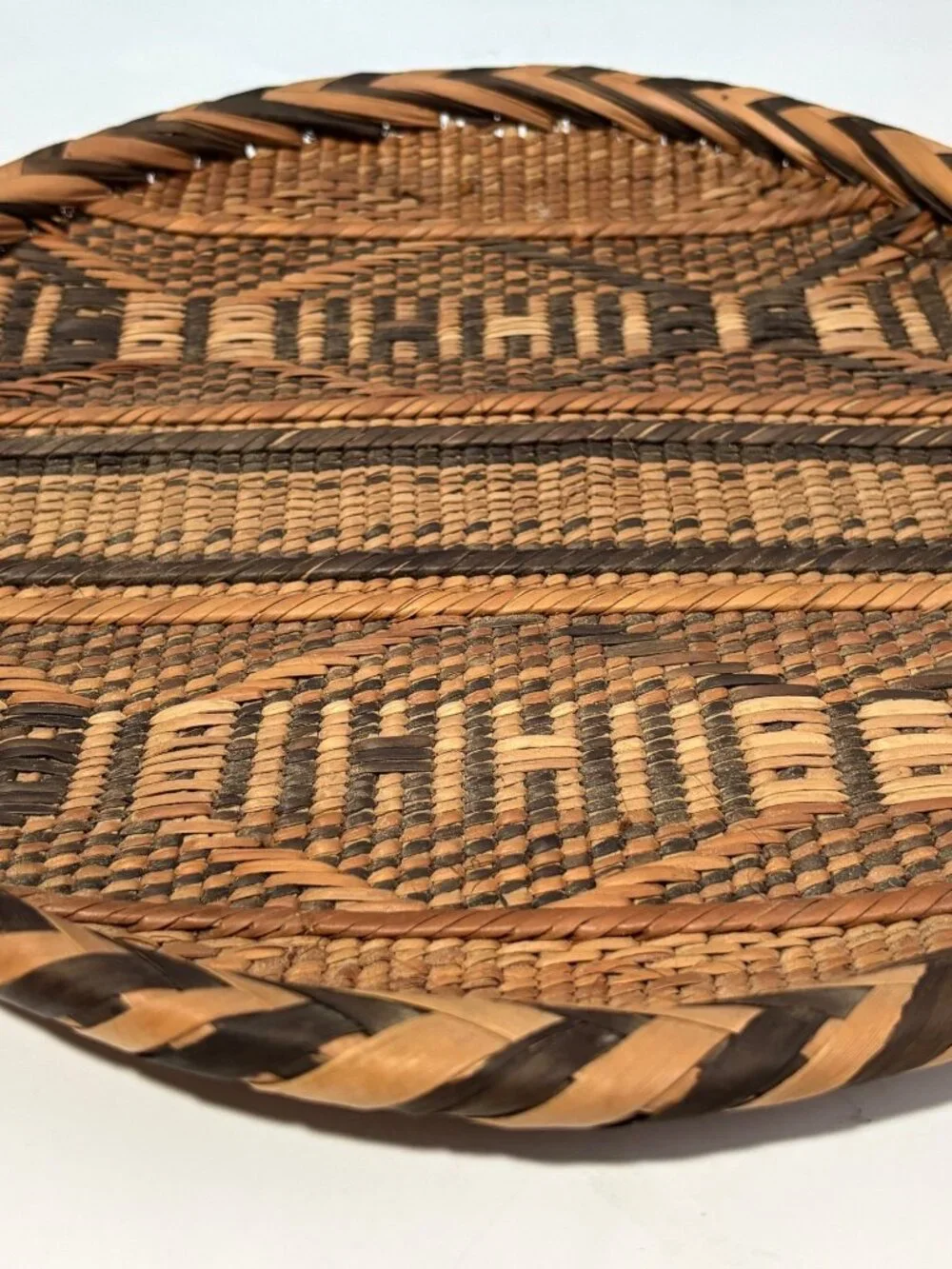 Handwoven Round Tribal Rattan Basket With Geometric Pattern  12